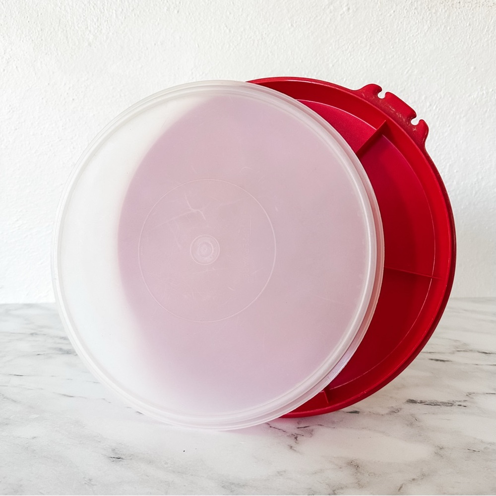 Vintage Tupperware 12" Red 6-Space Round Divided Serving Tray with Lid